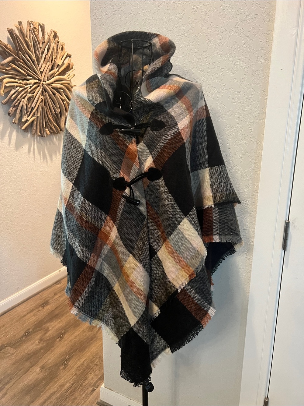Apt. 9 Plaid Hooded Toggle Poncho in Black, Brown & Cream